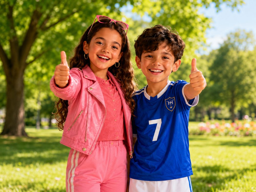 Kids giving a thumbs up in the park